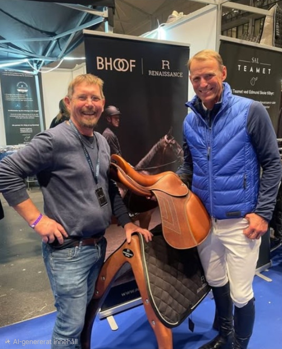 Edmund Skoie och Peder Fredriksson  står vid en monter med en sadel från Renaissance, som illustrerar Salteamet.no:s arbete med professionell sadelutprovning.